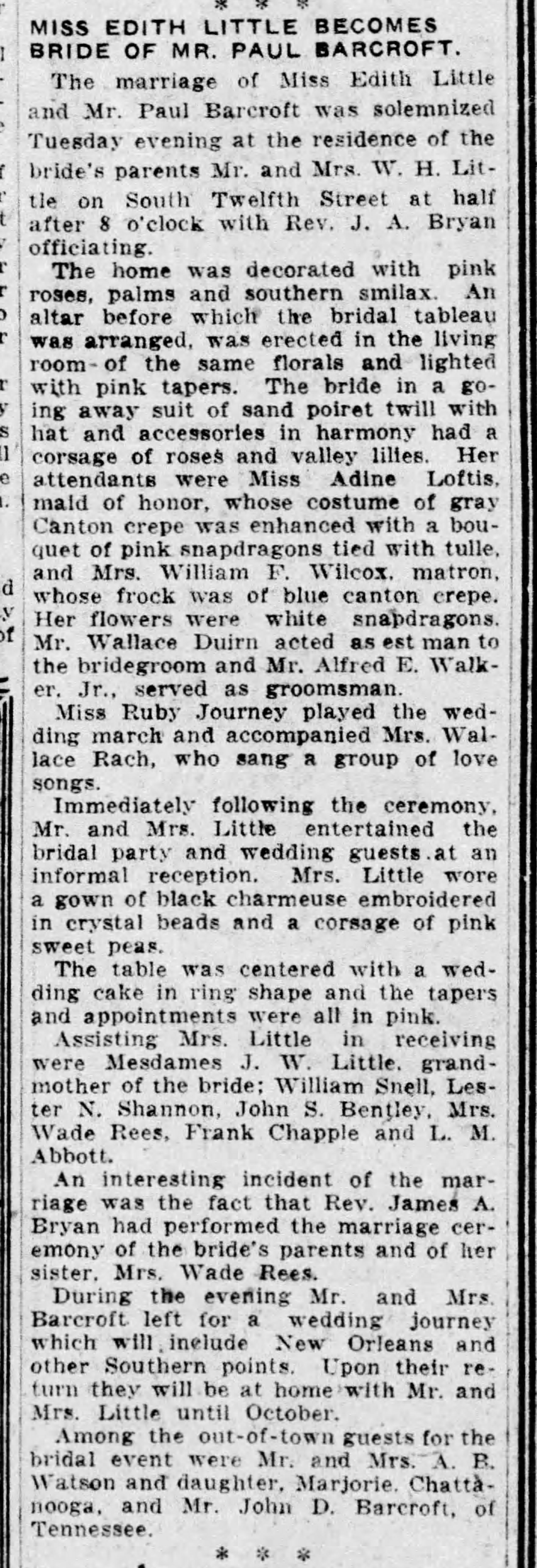 Miss Edith Little Becomes Bride of Mr. Paul Barcroft